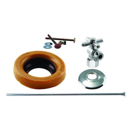 Westbrass Toilet Kit W/ 1/4-Turn 1/2 in IPS Stop and Wax Ring, Cross Handle in Polished Chrome D1615TBX-26